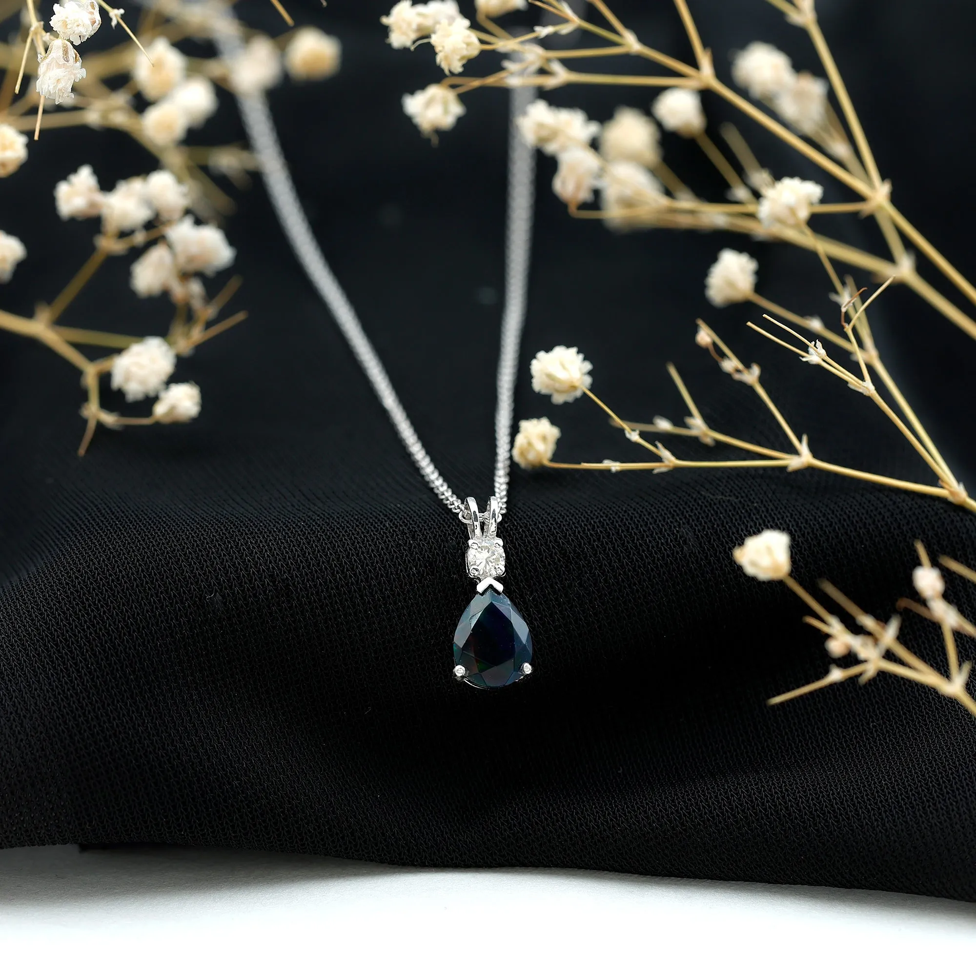 Pear Shape Black Opal Teardrop Pendant Necklace with Diamond