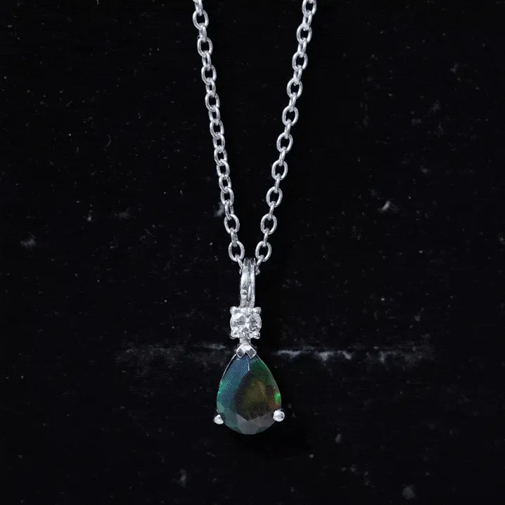 Pear Shape Black Opal Teardrop Pendant Necklace with Diamond