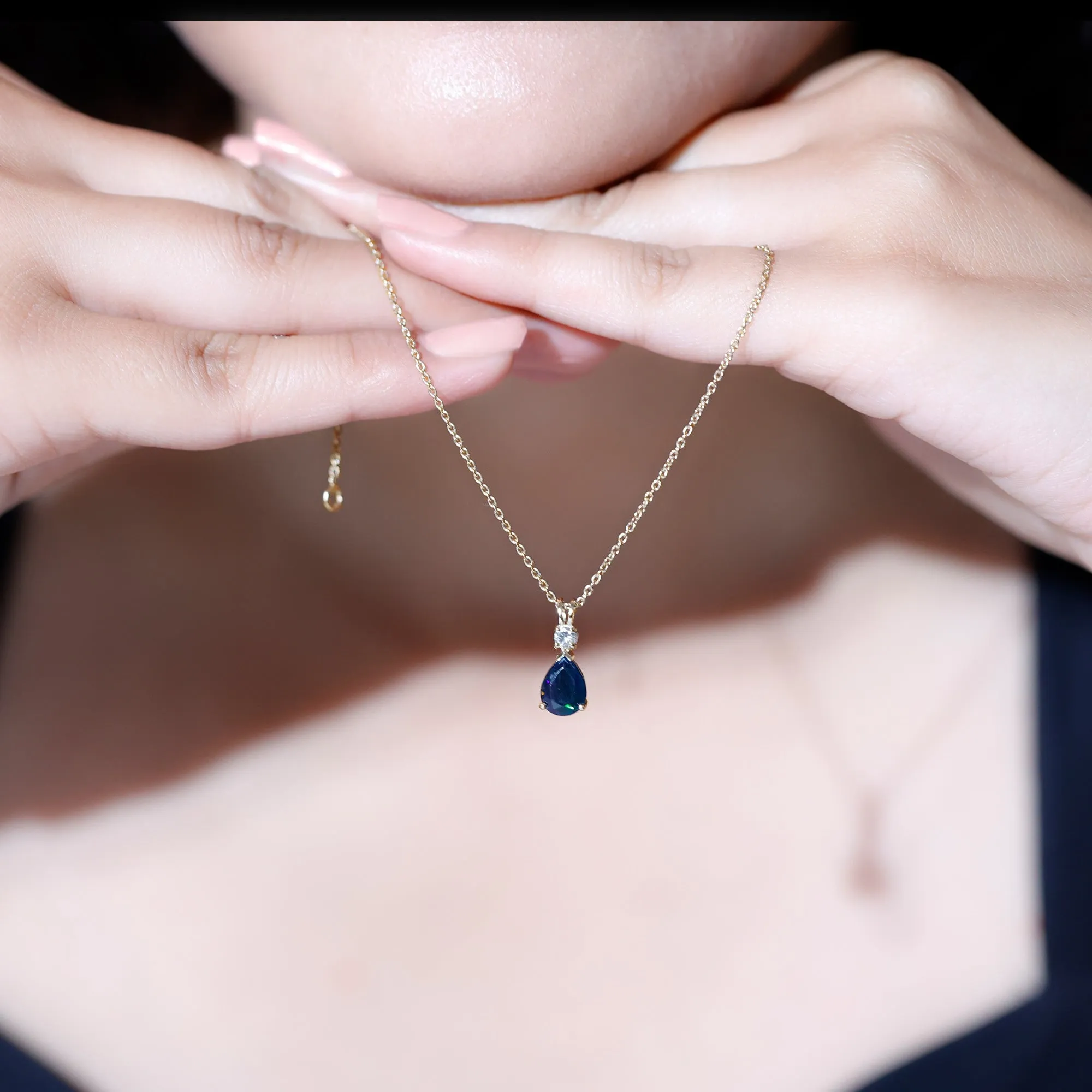 Pear Shape Black Opal Teardrop Pendant Necklace with Diamond