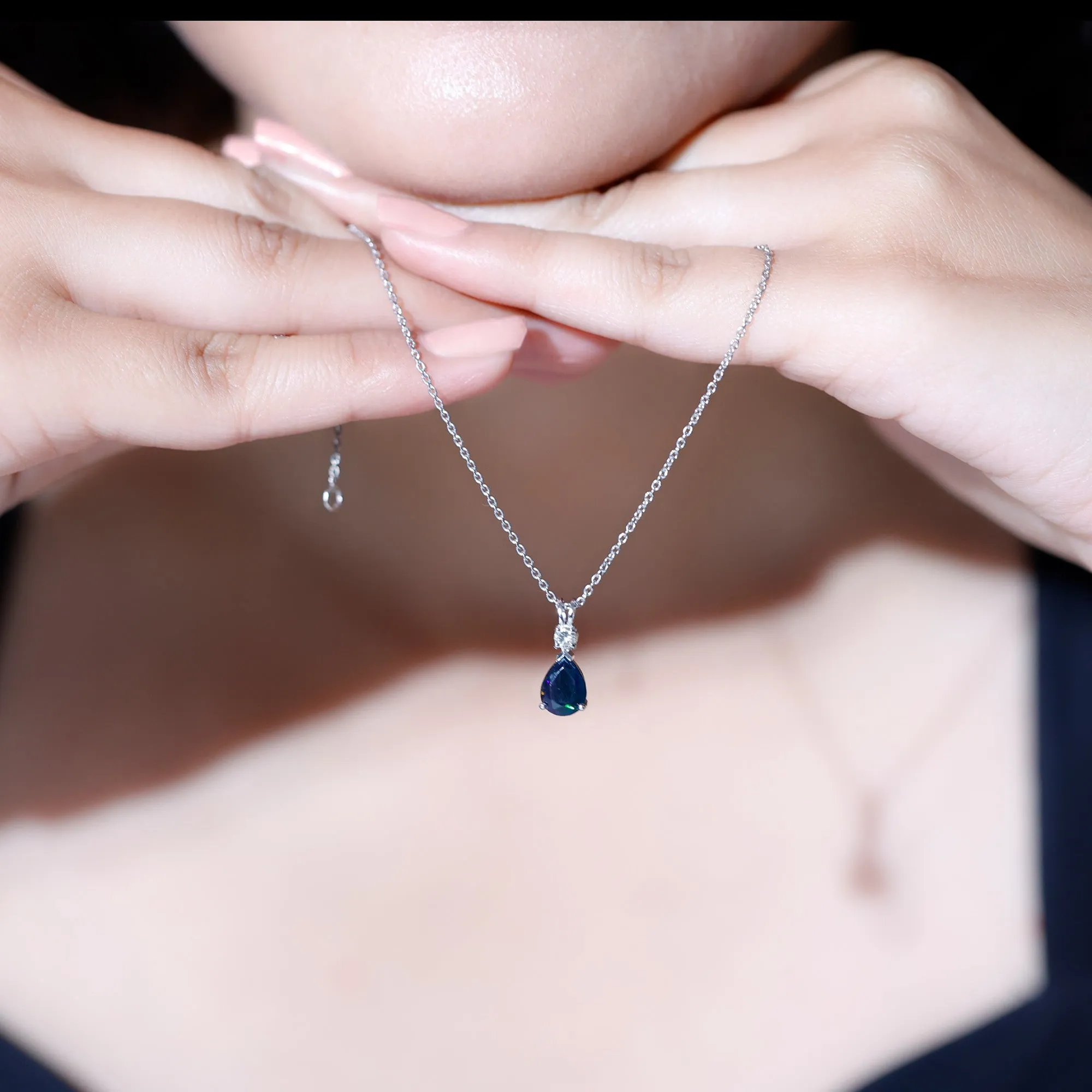 Pear Shape Black Opal Teardrop Pendant Necklace with Diamond
