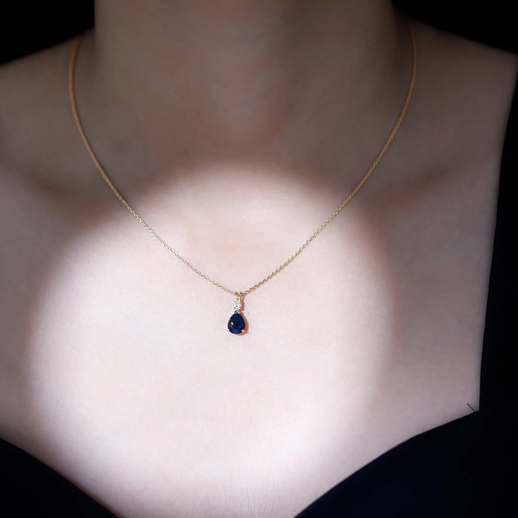 Pear Shape Black Opal Teardrop Pendant Necklace with Diamond