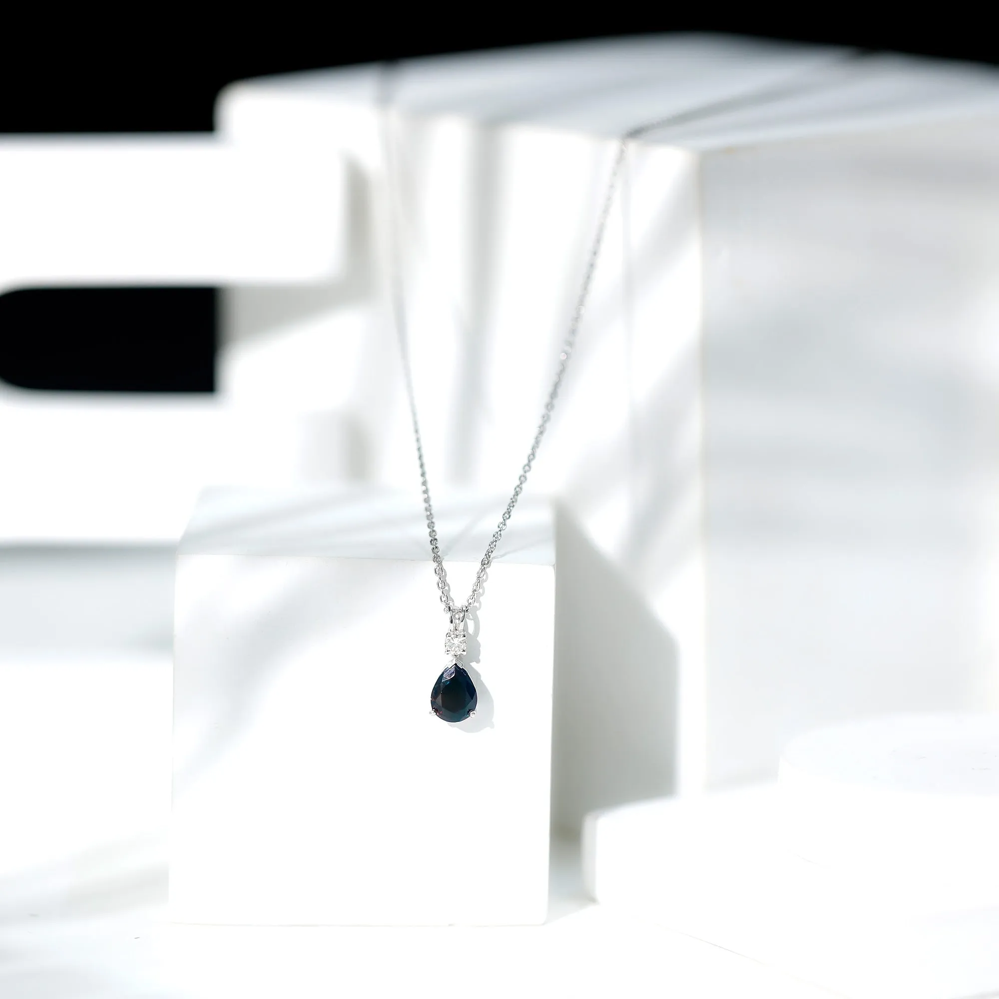 Pear Shape Black Opal Teardrop Pendant Necklace with Diamond