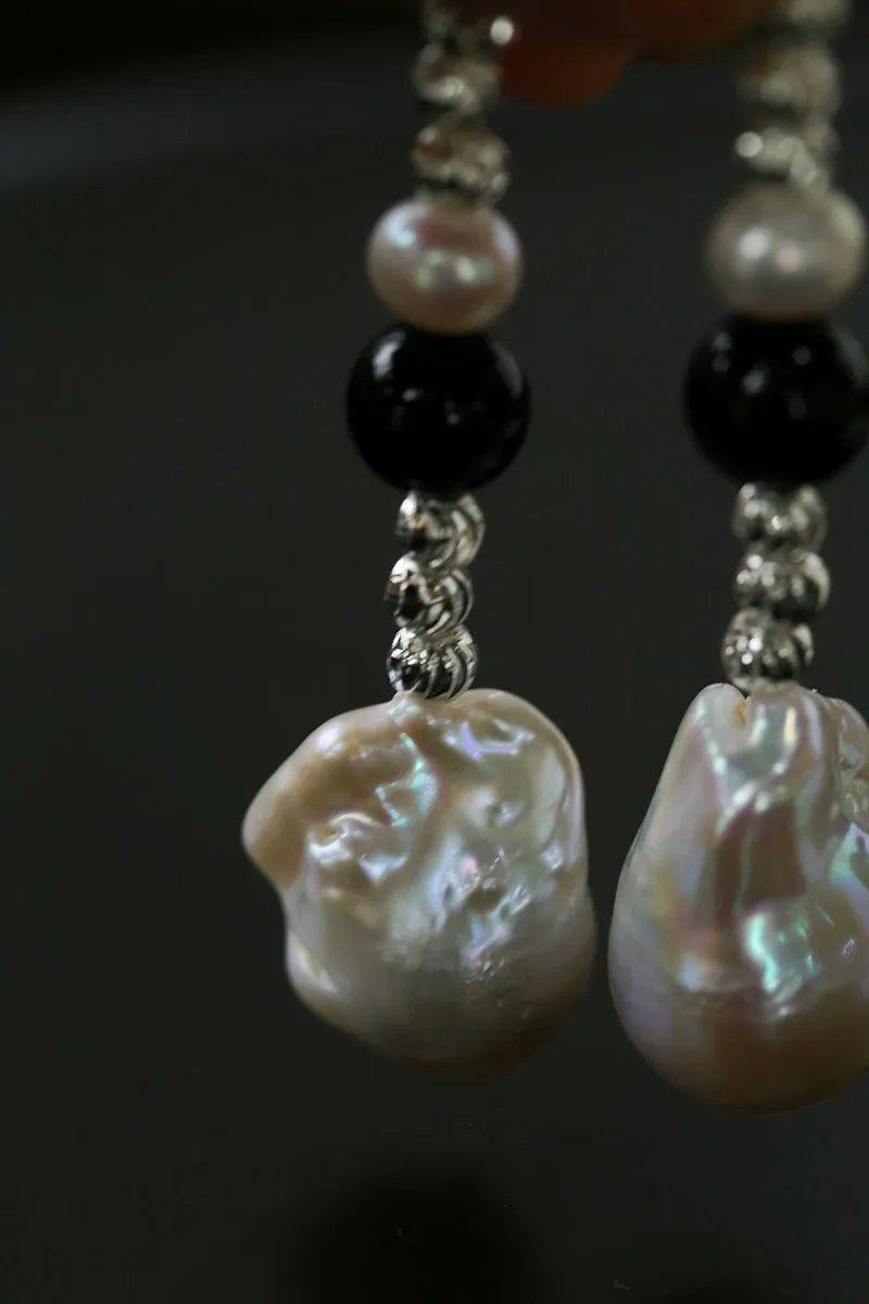 Pearl and Black Onyx Long Drop Earrings