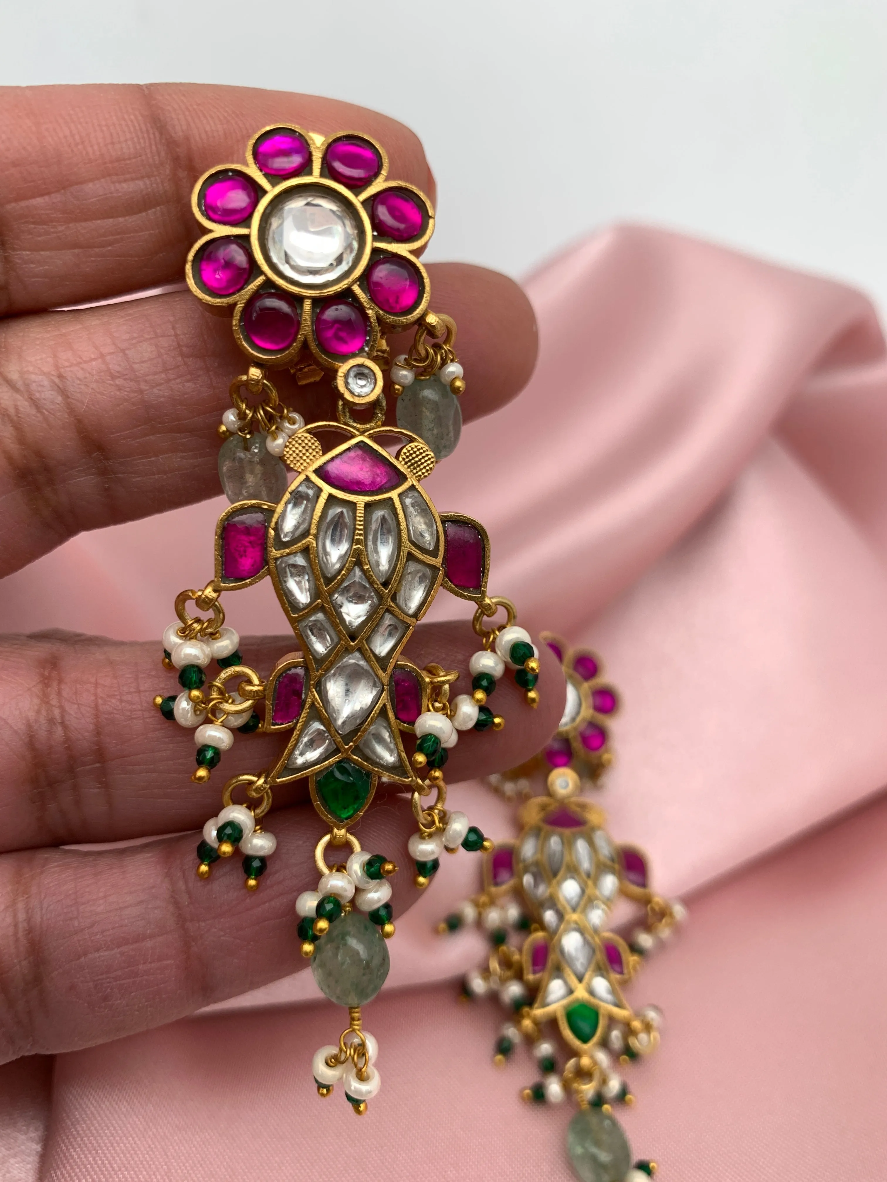 Red Green Jadau Kundan Emerald Beads Long Earrings