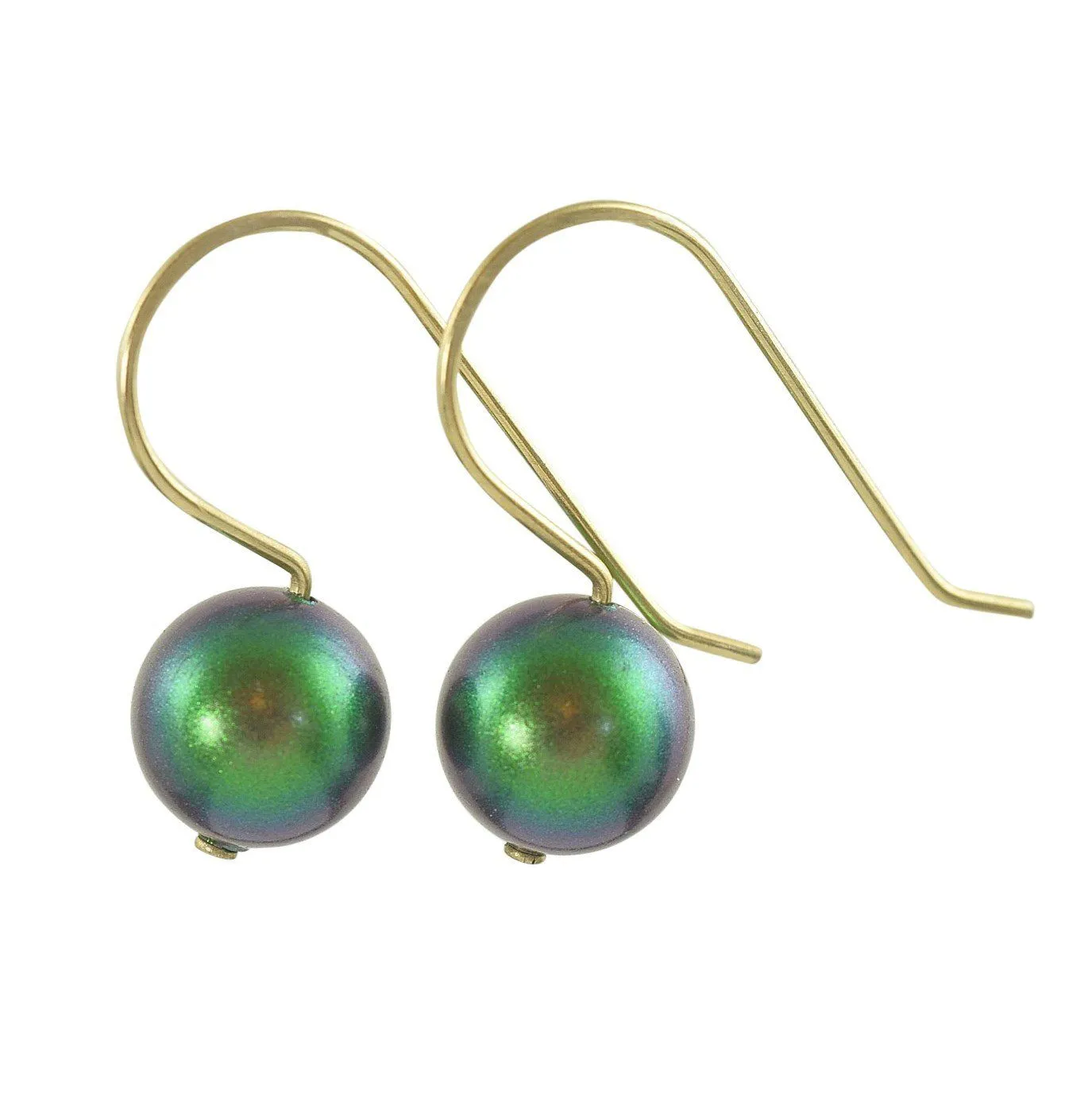 Rich emerald green faux crystal pearl earrings on gold filled earwires, May Birthstone