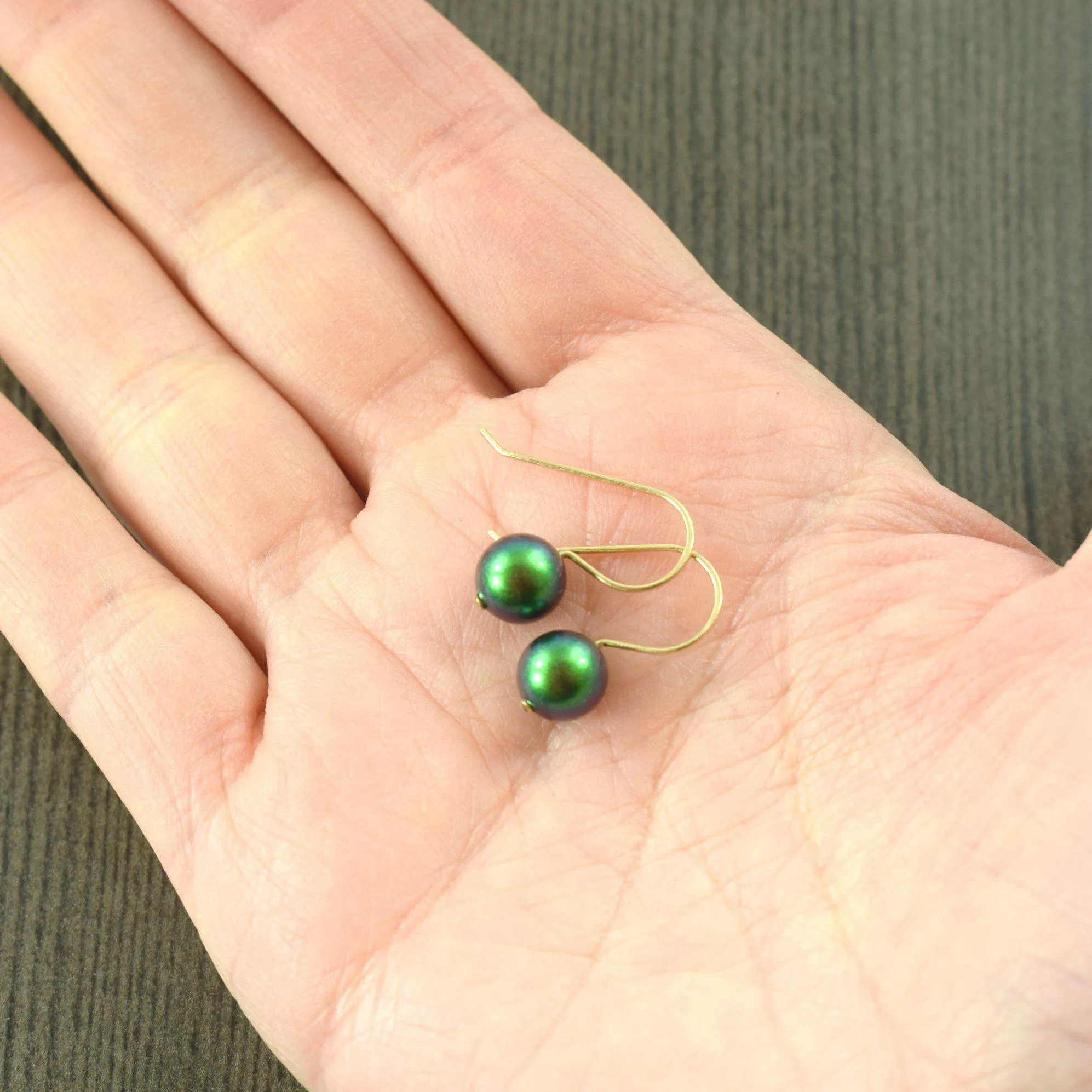 Rich emerald green faux crystal pearl earrings on gold filled earwires, May Birthstone