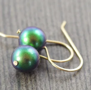 Rich emerald green faux crystal pearl earrings on gold filled earwires, May Birthstone