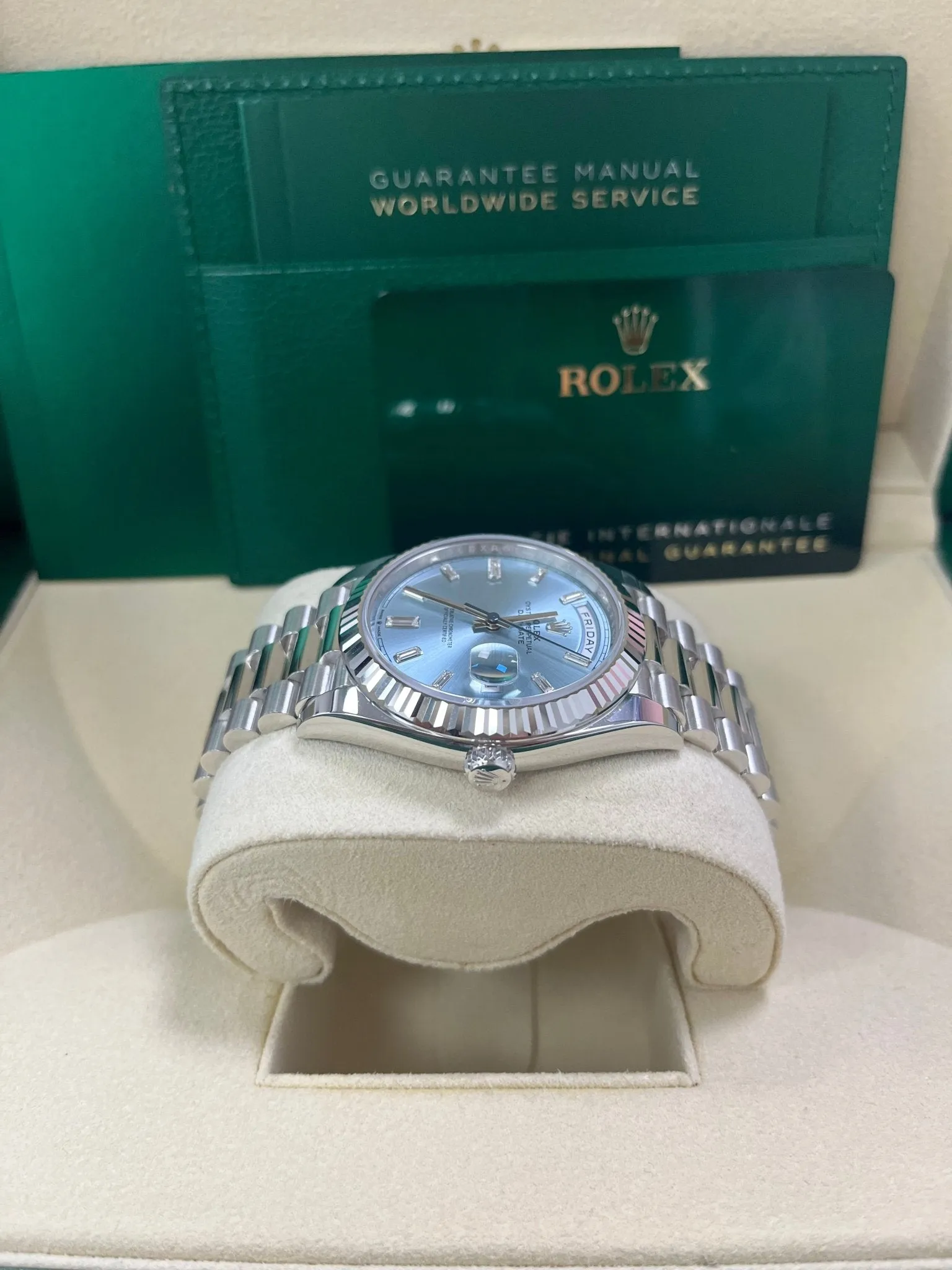 Rolex Day-Date 40 Platinum Day-Date 40 Watch - Fluted Bezel - Ice Blue Baguette Dial 228236