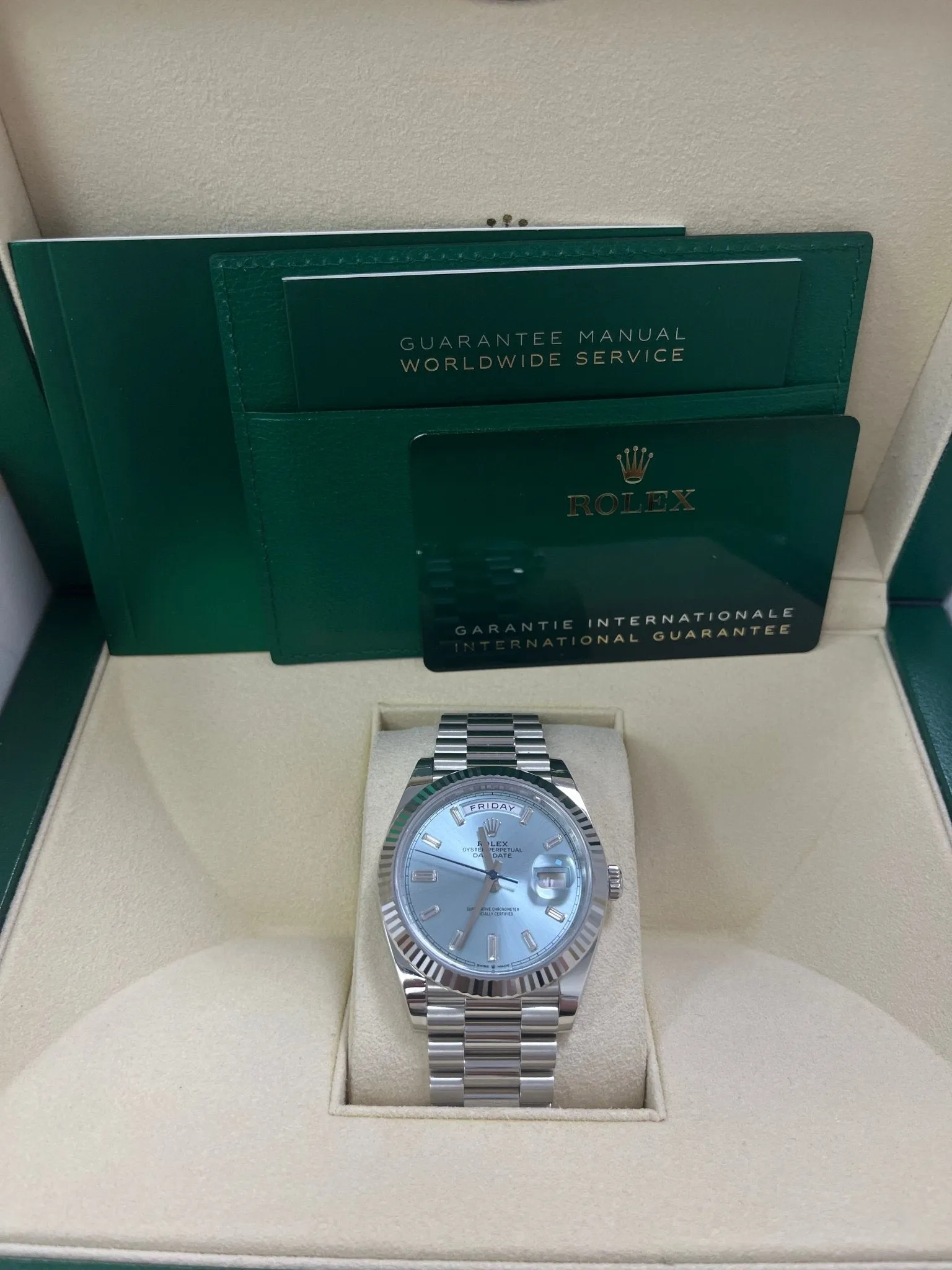 Rolex Day-Date 40 Platinum Day-Date 40 Watch - Fluted Bezel - Ice Blue Baguette Dial 228236