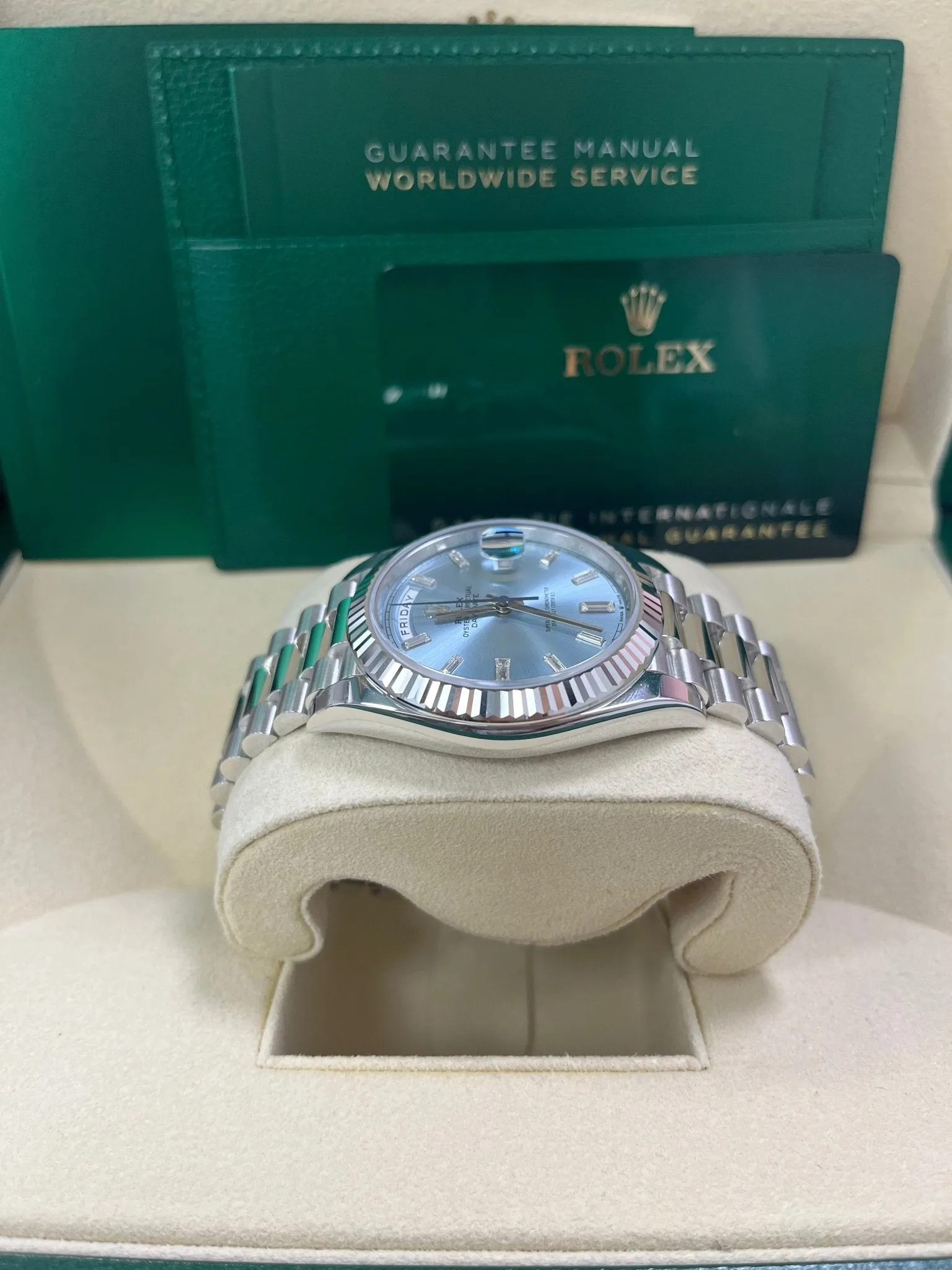 Rolex Day-Date 40 Platinum Day-Date 40 Watch - Fluted Bezel - Ice Blue Baguette Dial 228236