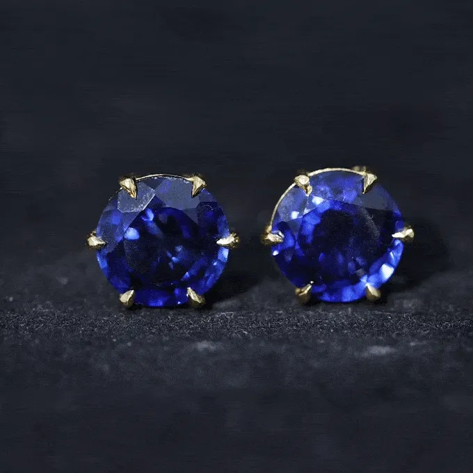 Round Lab Grown Blue Sapphire Solitaire Stud Earrings in 6 Claw Prong Setting
