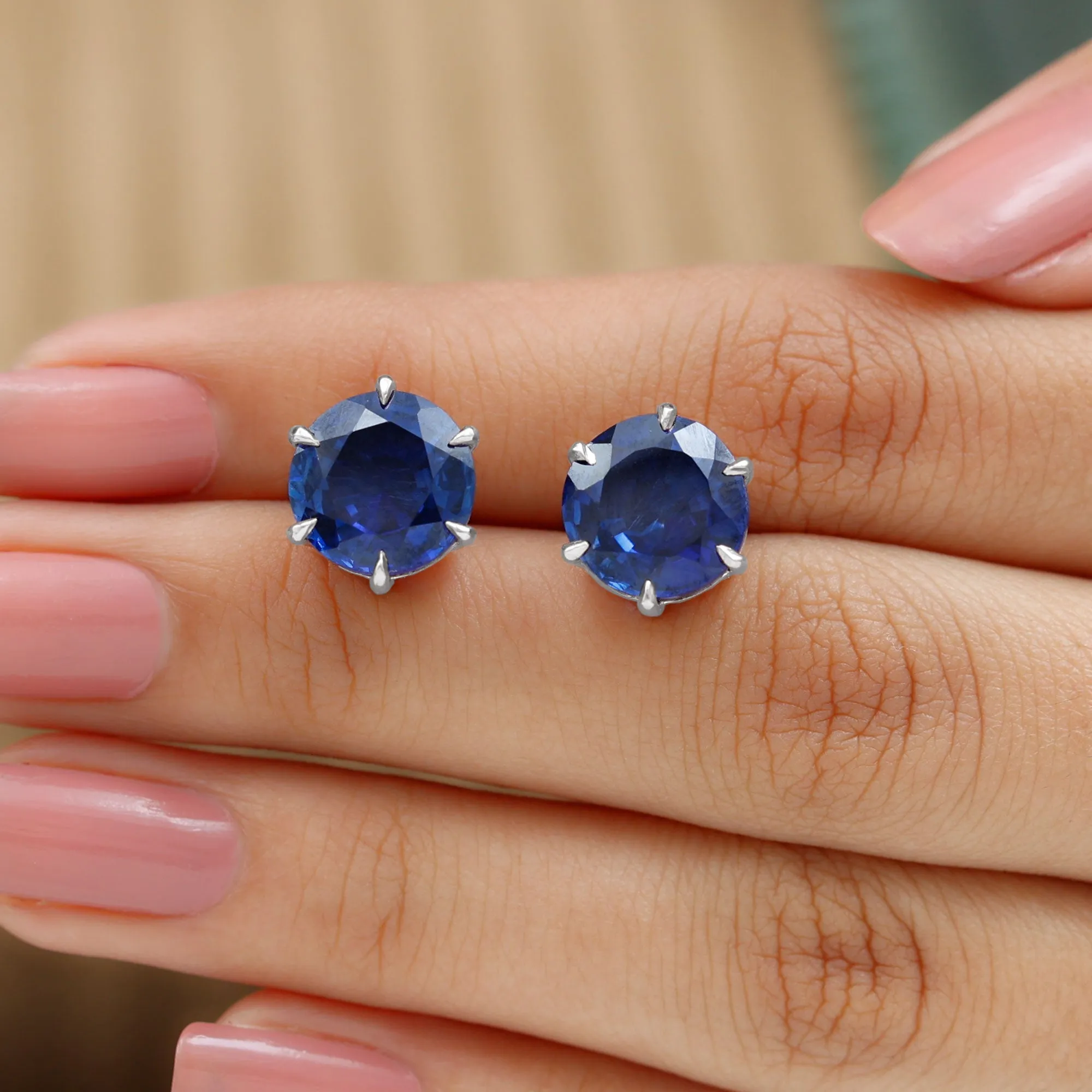 Round Lab Grown Blue Sapphire Solitaire Stud Earrings in 6 Claw Prong Setting