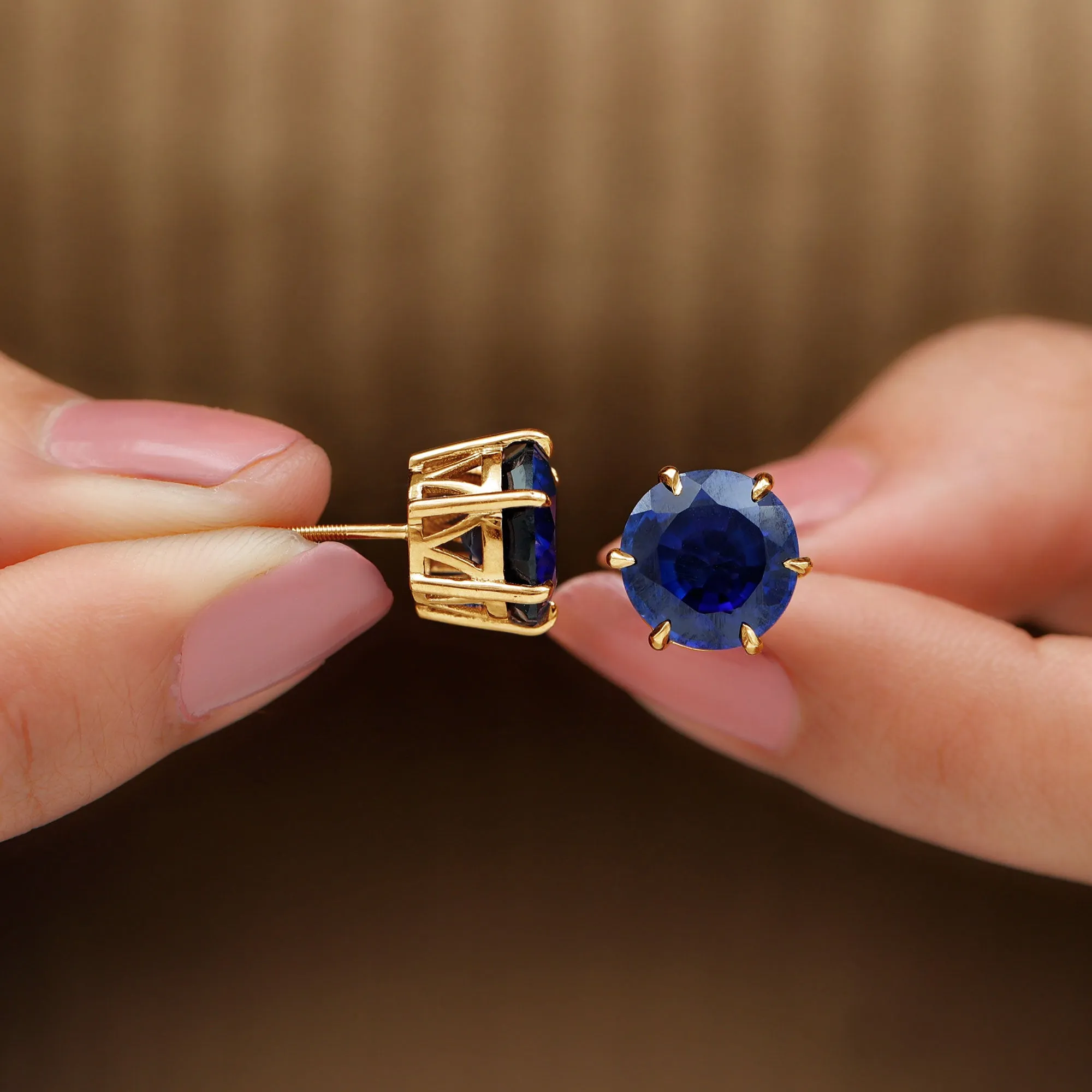Round Lab Grown Blue Sapphire Solitaire Stud Earrings in 6 Claw Prong Setting