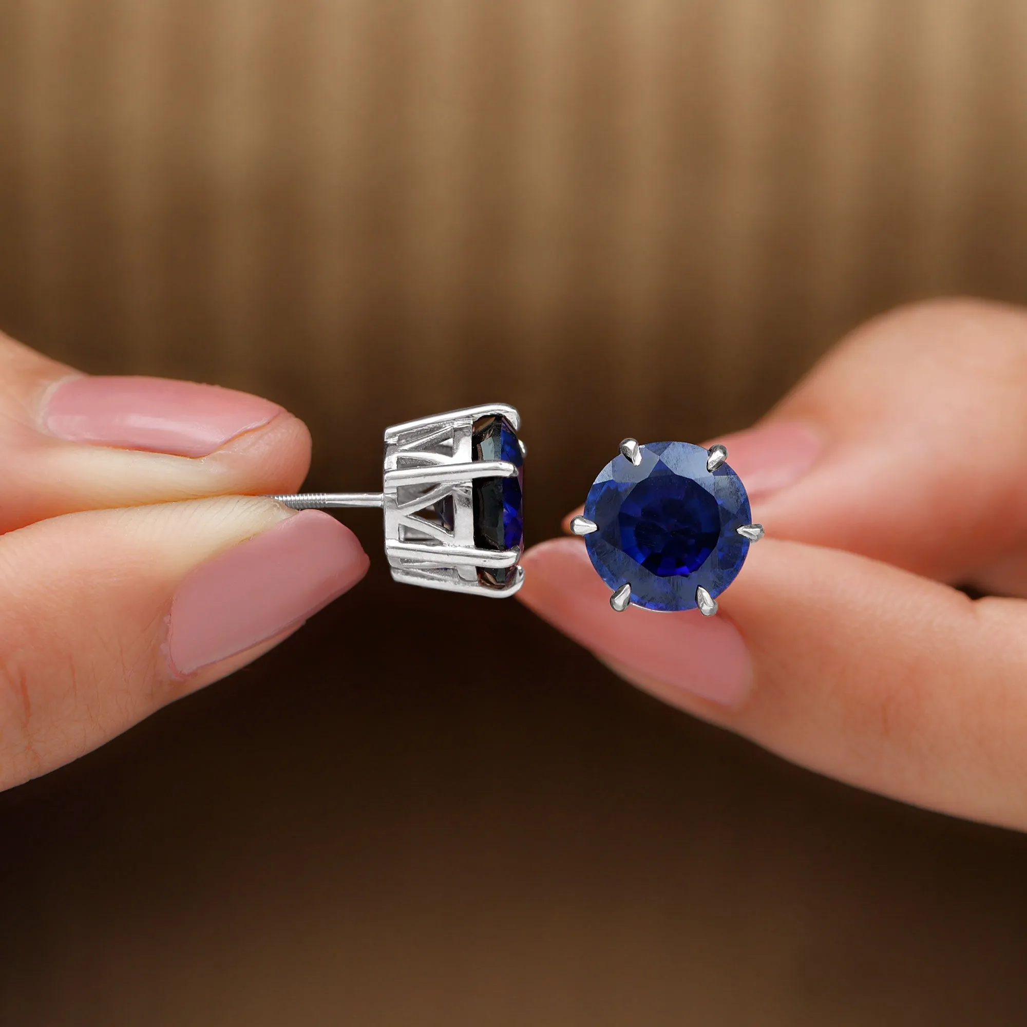 Round Lab Grown Blue Sapphire Solitaire Stud Earrings in 6 Claw Prong Setting
