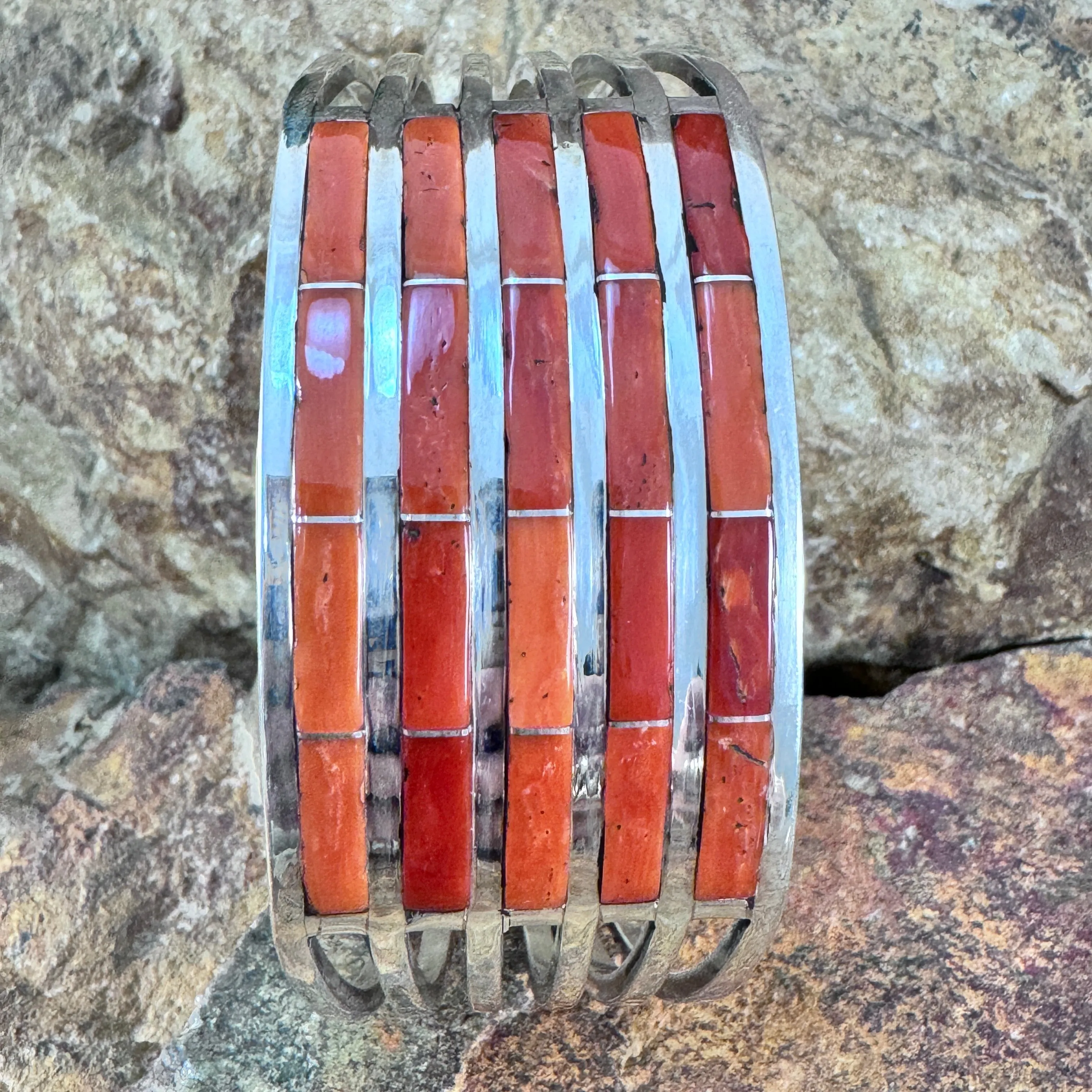 Spiny Oyster and Sterling Silver Multi-Bar Cuff Bracelet
