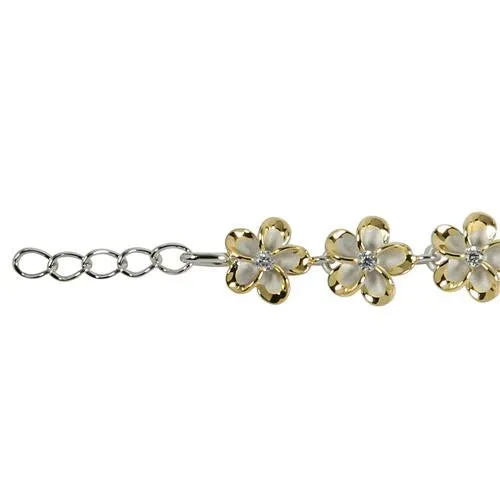 Sterling Silver Two-Tone Yellow Gold and Rhodium Plated 10mm Plumeria with CZ Bracelet