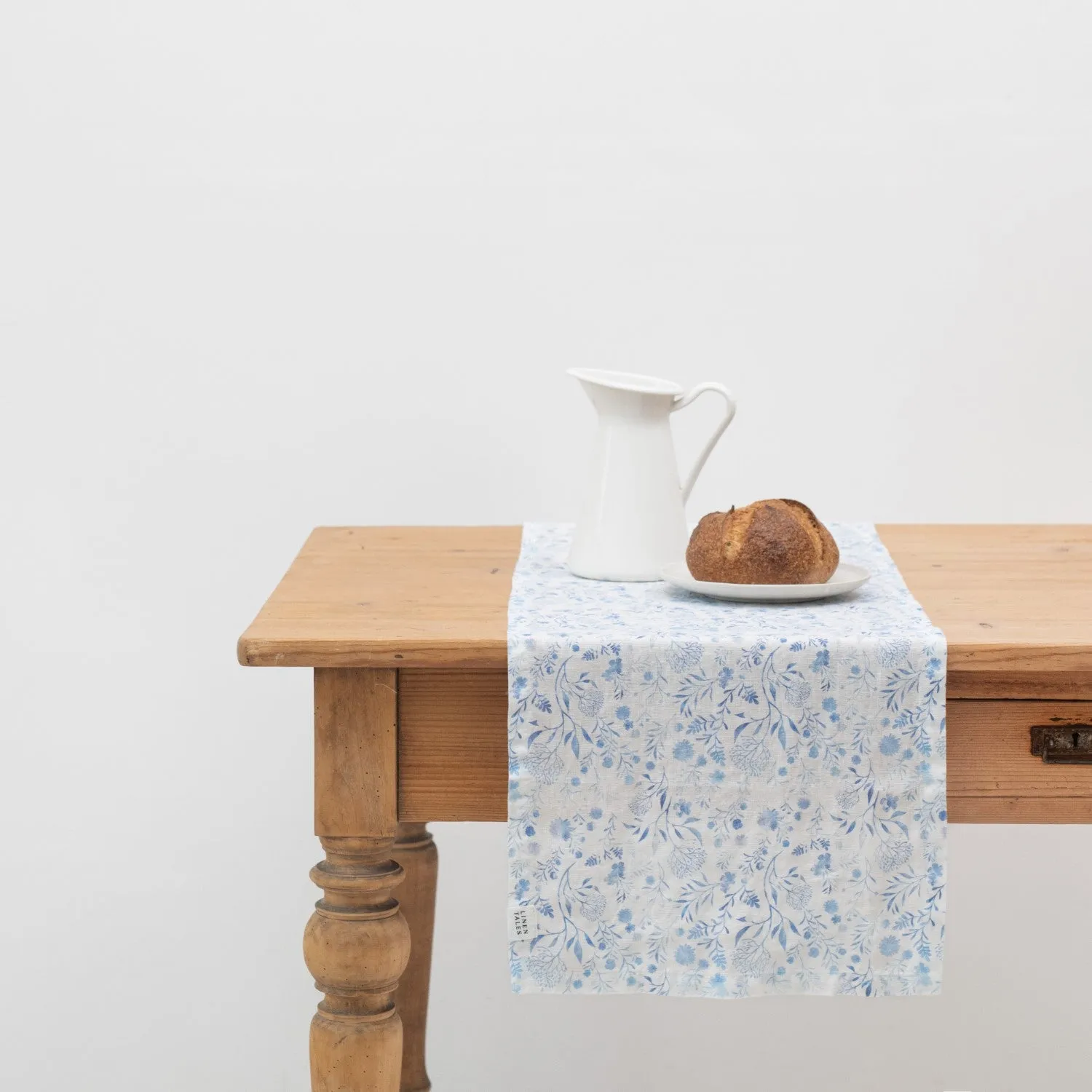 White Botanical Blue Linen Table Runner