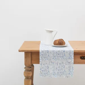 White Botanical Blue Linen Table Runner